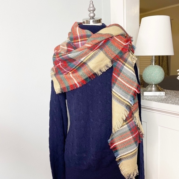 Tartan Plaid Red Tan & Green Oversized Square Blanket Scarf - Picture 5 of 10